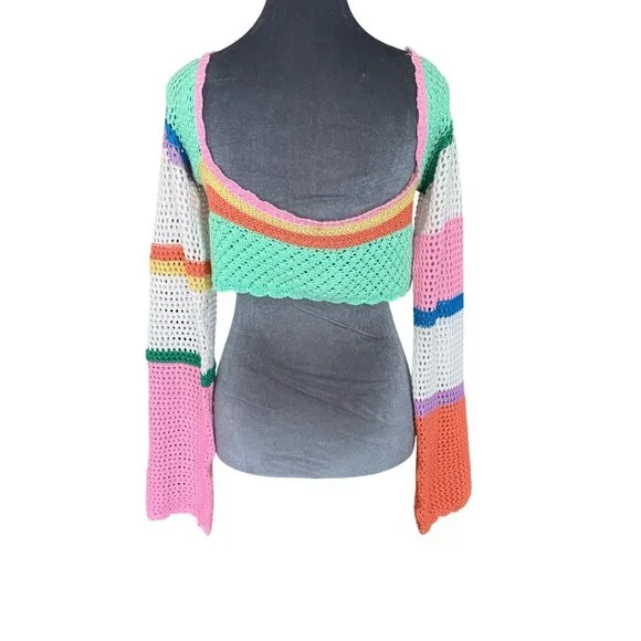 Handmade Open-Knit Colorful Cropped Sweater With Long Bell Sleeves Y2k - Picture 4 of 5